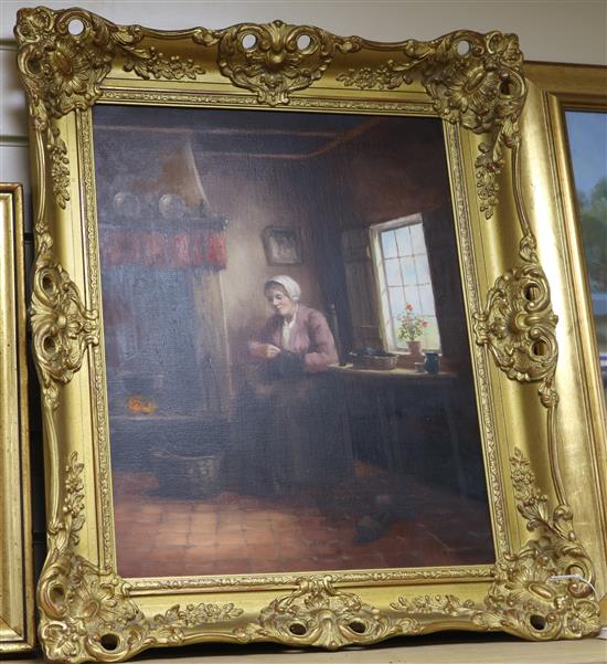 Dutch School (19th century), oil on canvas, interior with woman sewing, indistinctly signed, 48 x 38cm